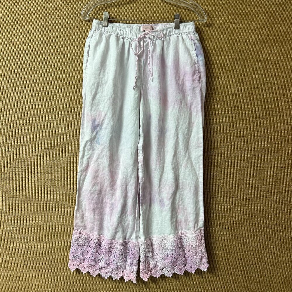 Saint Tropez West Pants Women Large Pink Tie Dye 100% Linen Crochet Lace Hem